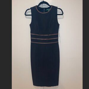 NWT Lauren by Ralph Lauren Black Sheath Dress with Lamb Leather Accents